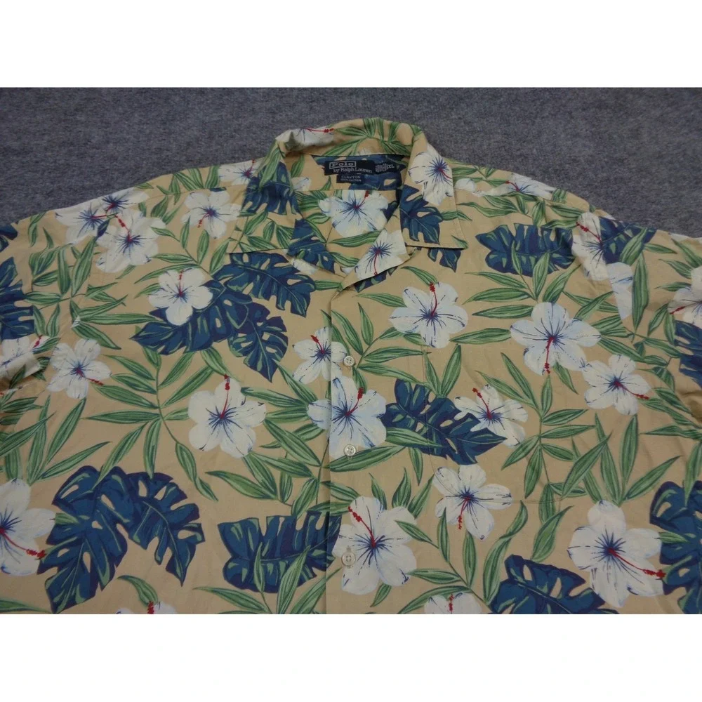 VTG Polo Ralph Lauren Loop Collar Shirt Men XL Blue Clayton Hawaiian Floral